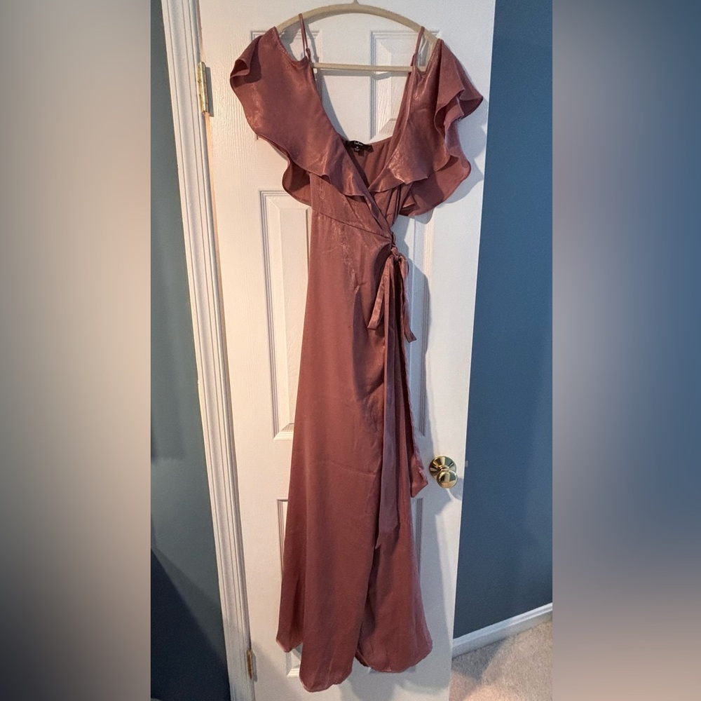 Lulus Moriah Rose Satin Cold-Shoulder Wrap Maxi Dress